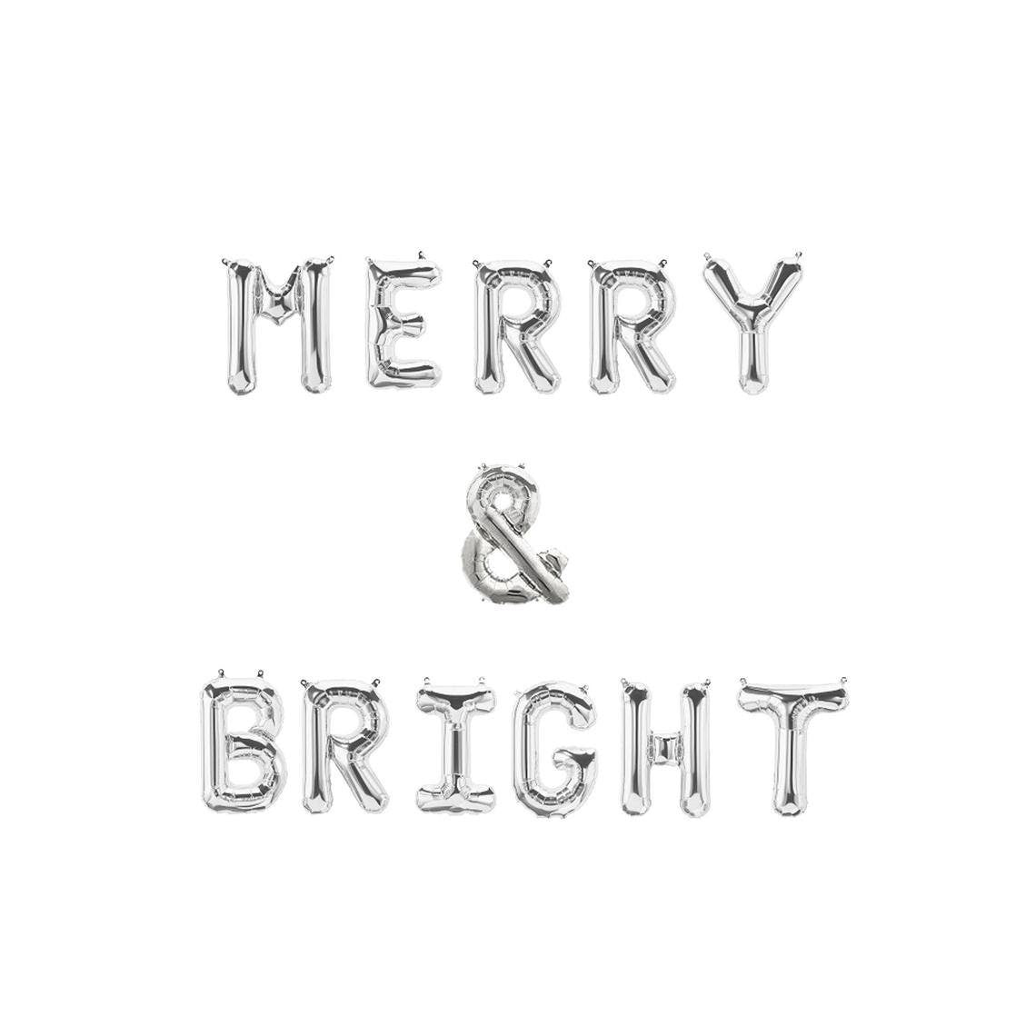Merry & Bright 16 Inch Letter Balloons Banner Garland - Christmas Holiday Party Decoration - Gold Rose Gold Silver