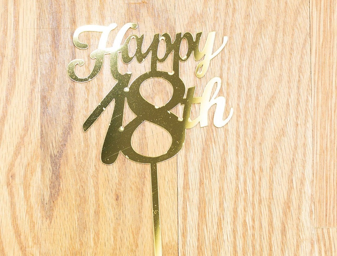 Happy Birthday Cake Topper eighteen 18 18th eighteenth Birthday CakeTopper cursive number 18 Smash Party Gold mirror