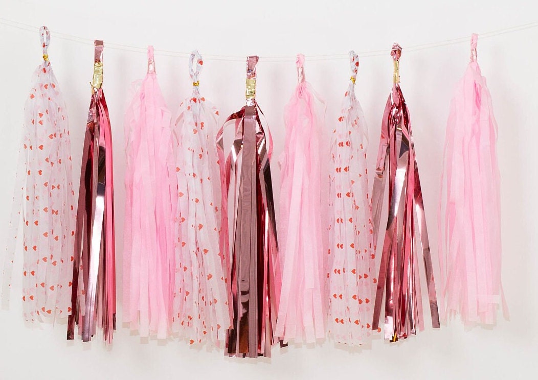 15 pcs Paper Tassels Garland Pink Heart Rose Gold  DIY Valentine's Day Decor Foil Custom colors Available Ready to hang