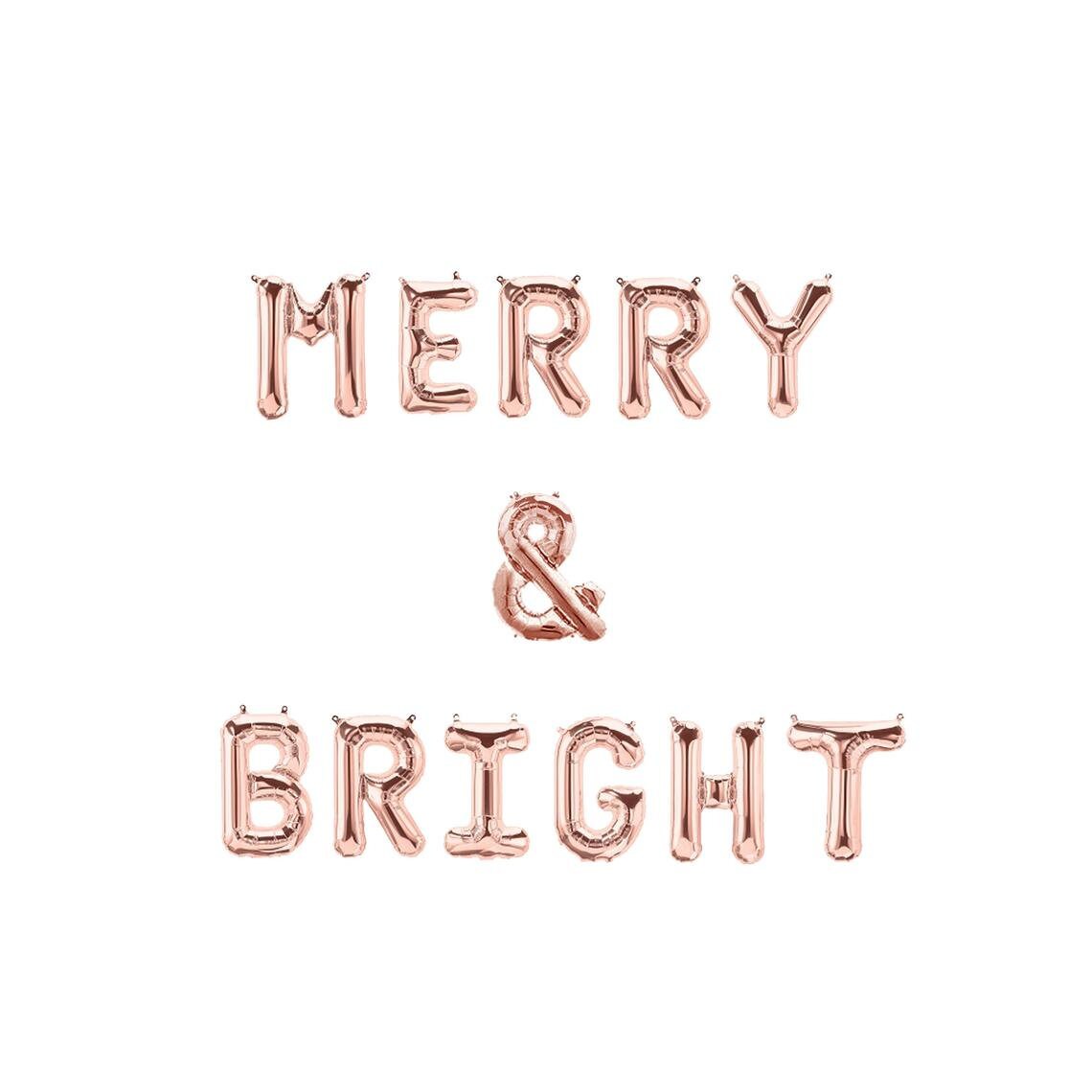 Merry & Bright 16 Inch Letter Balloons Banner Garland - Christmas Holiday Party Decoration - Gold Rose Gold Silver