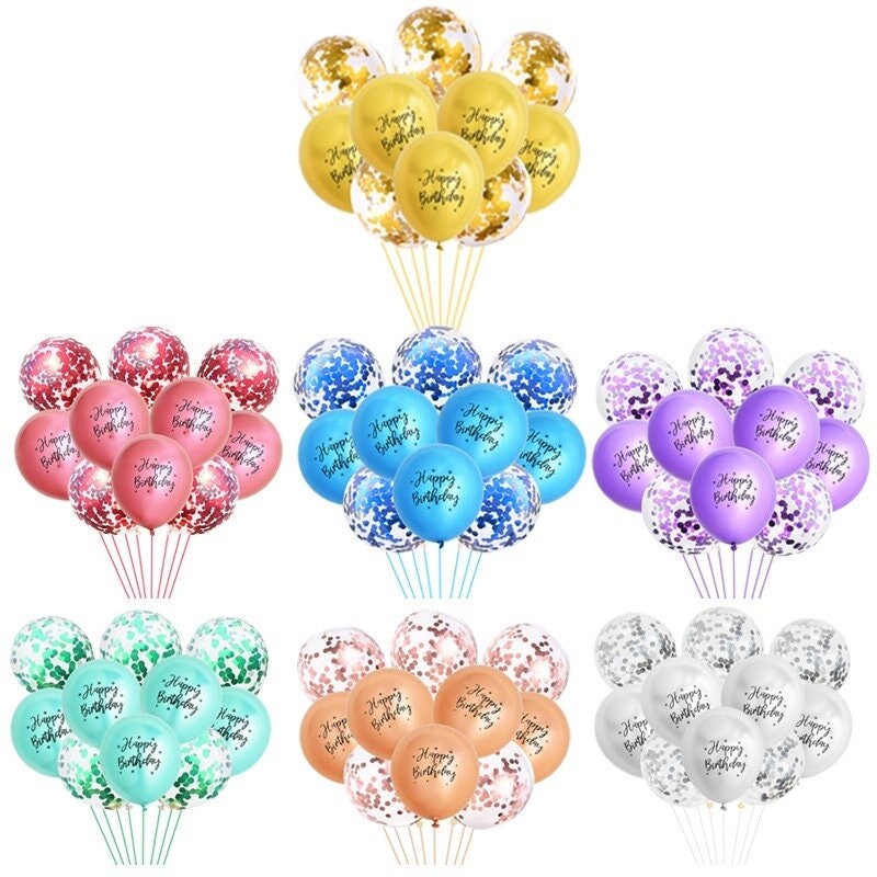 10 Pc Happy Birthday Balloon Bouquet, Chrome Latex Balloons in Rose Gold Blue Silver Green Red, Party Decor