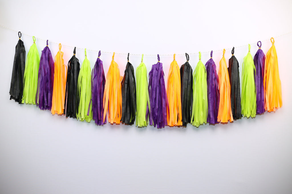 12 pcs Ready to Hang Halloween Tassel Garlands Tissue Paper Treat or Treat Tassels Witch Garland Birthday Neon Shower Party