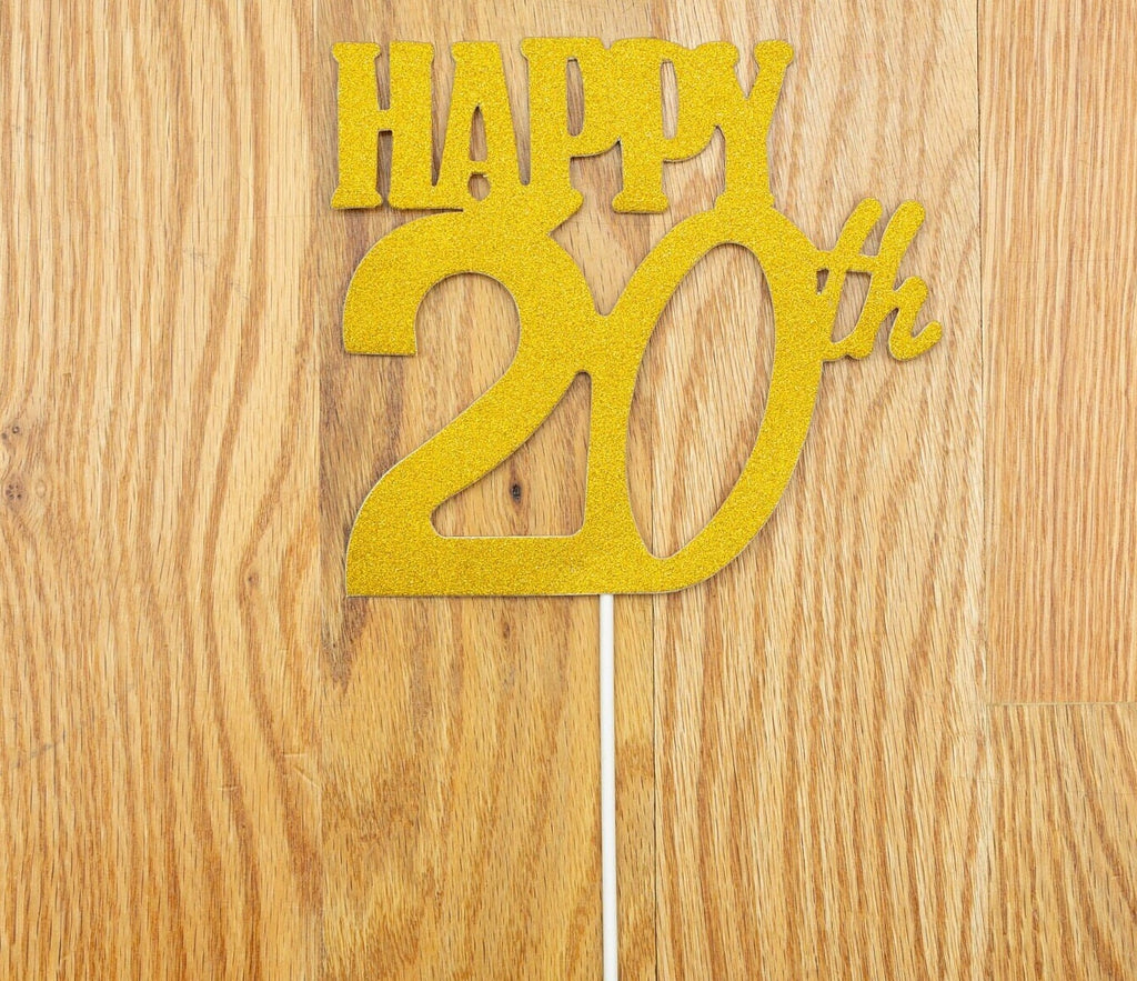 Happy 20th Birthday Cake Topper, Gold Glitter Twentieth Birthday Cake Topper, 20th Birthday Party Decor