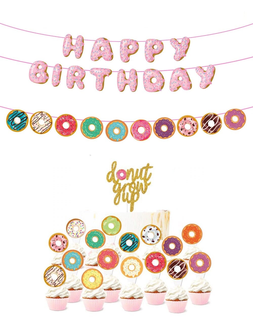 Donut Grow Up Decor Set Cake Topper Glitter Happy Birthday Banner First Second Birthday. Birthday CakeTopper. Smash Cup Cake Topper.