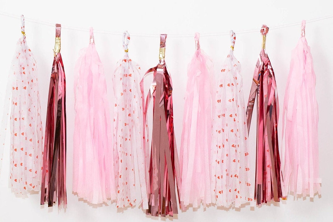 15 pcs Paper Tassels Garland Pink Heart Rose Gold  DIY Valentine's Day Decor Foil Custom colors Available Ready to hang
