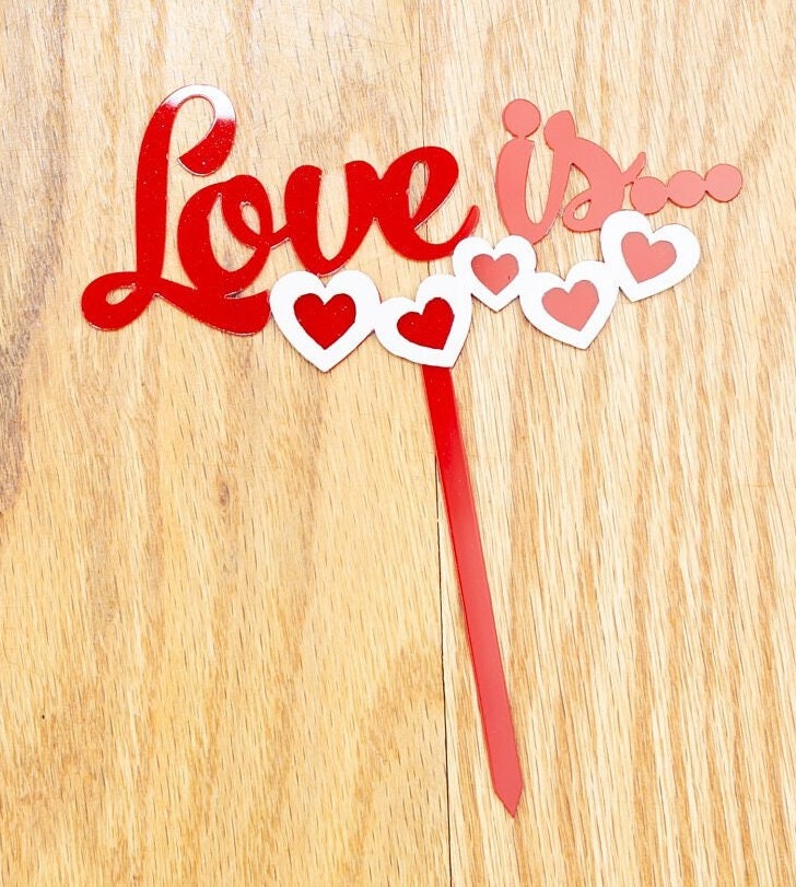 Love is Cake Topper Engagement Bach Rehearsal dinner Cake Topper Bride To be Groom Decorations Mr Mrs Cursive Script Red heart hearts
