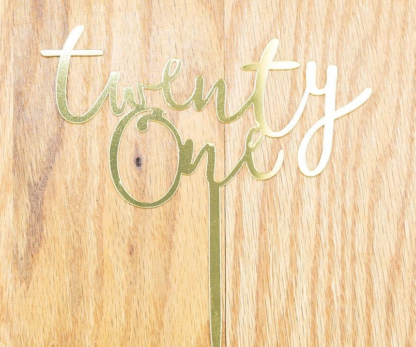 Happy Birthday Cake Topper twenty one 21 21st twenty first Birthday CakeTopper Smash Party Gold mirror  legal rip fake id