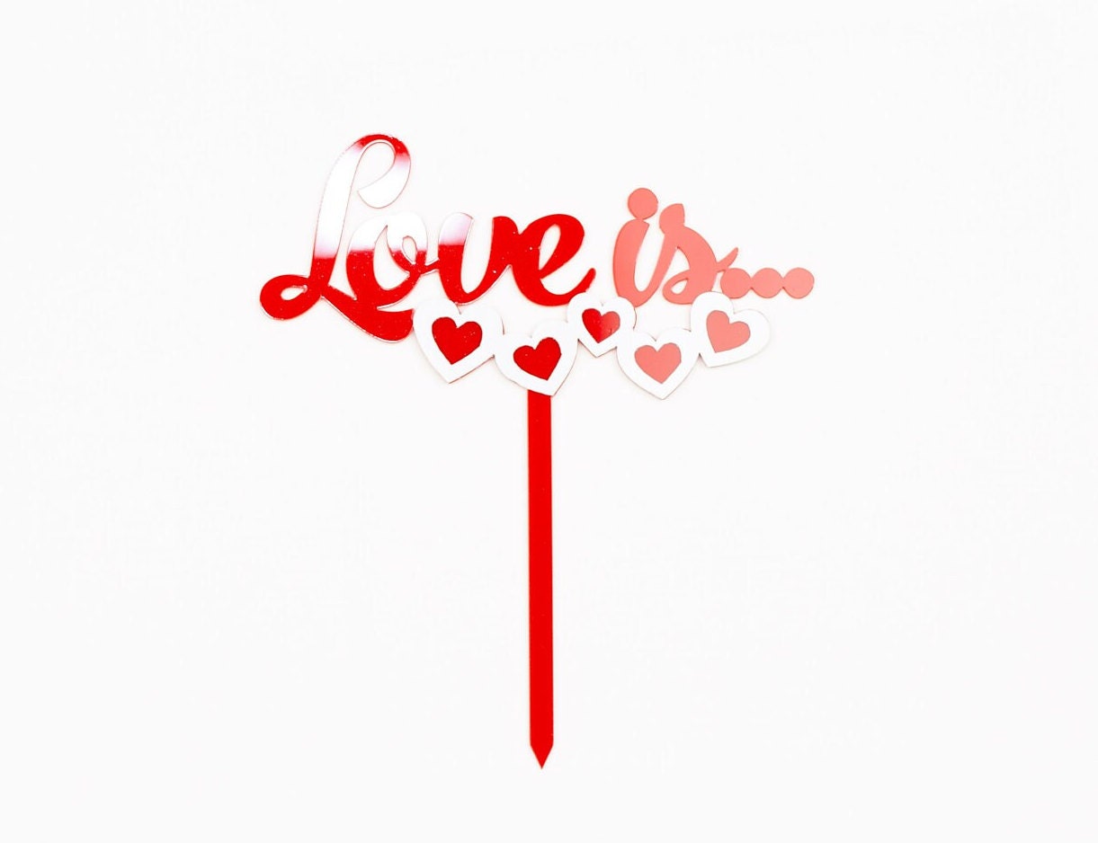 Love is Cake Topper Engagement Bach Rehearsal dinner Cake Topper Bride To be Groom Decorations Mr Mrs Cursive Script Red heart hearts