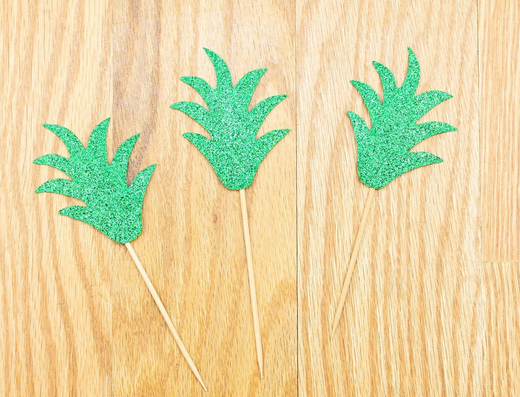 Glitter Pineapple Tail Cake Topper - Gold and Green Tropical Birthday Party Cake Decoration