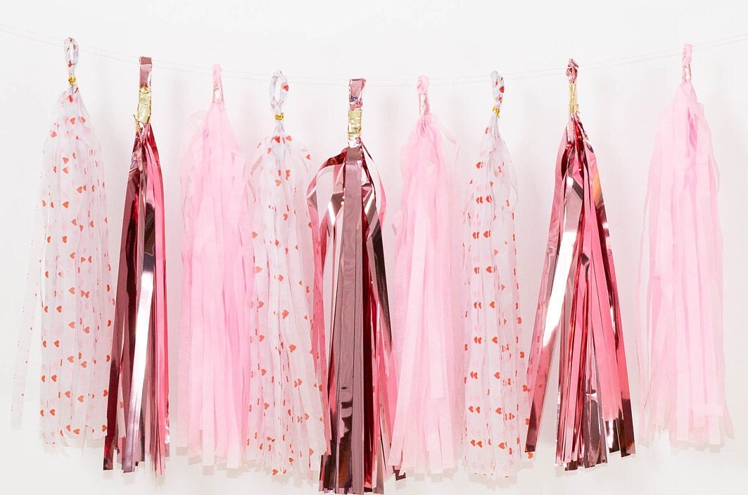 15 pcs Paper Tassels Garland Pink Heart Rose Gold  DIY Valentine's Day Decor Foil Custom colors Available Ready to hang