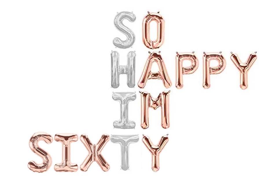 60th Birthday Decorations Balloon Banner, Custom Colors, Cheers to 60, So Happy I’m Sixty, Funny Party Decor