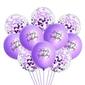 10 Pc Happy Birthday Balloon Bouquet, Purple Chrome Confetti Latex Balloons in Rose Gold Blue Silver Green, Party Decor