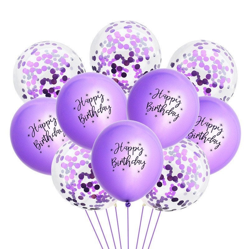 10 Pc Happy Birthday Balloon Bouquet, Purple Chrome Confetti Latex Balloons in Rose Gold Blue Silver Green, Party Decor