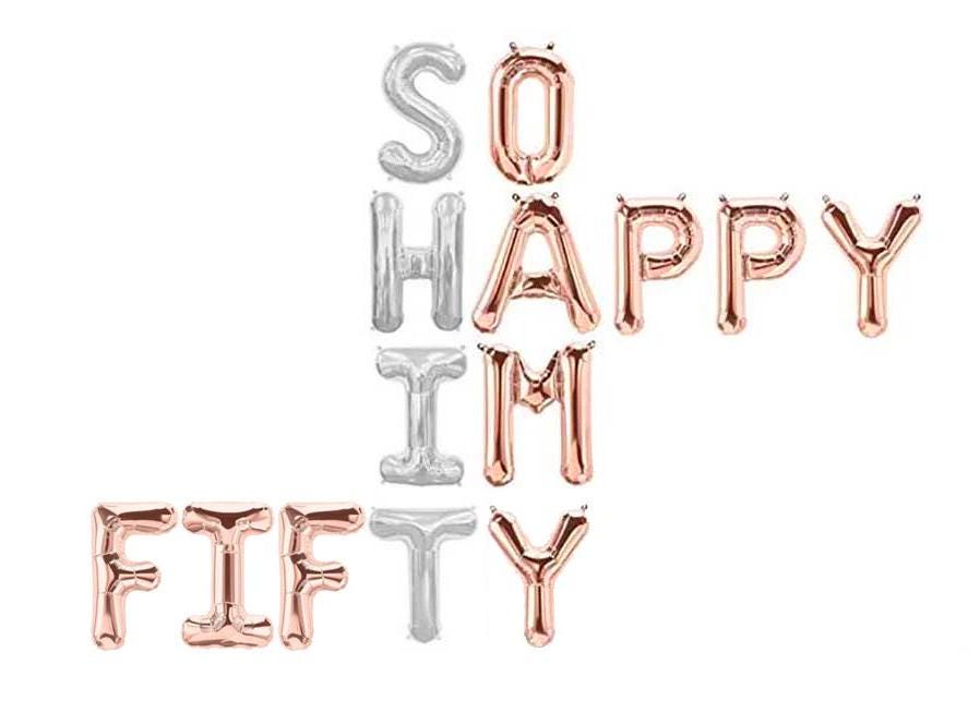 50th Birthday Decorations Balloon Banner, Custom Colors, Cheers to 50, So Happy I’m Fifty, Funny Party Decor