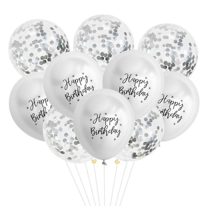 10 Pc Happy Birthday Balloon Bouquet, Confetti Latex Balloons in Silver Rose Gold Blue Purple Green, Birthday Party Decor for Him or Her