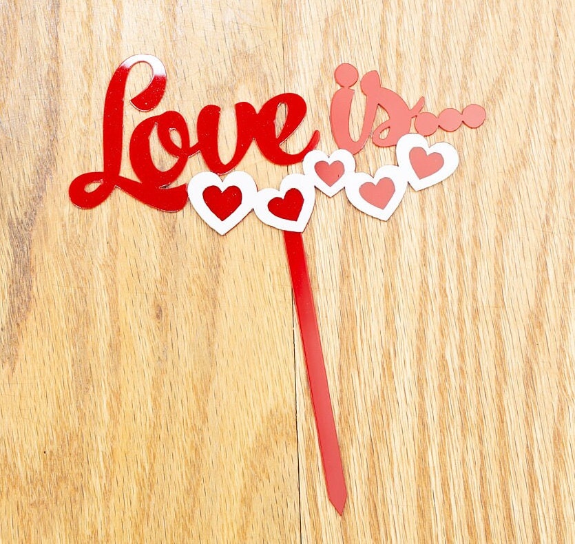 Love is Cake Topper Engagement Bach Rehearsal dinner Cake Topper Bride To be Groom Decorations Mr Mrs Cursive Script Red heart hearts
