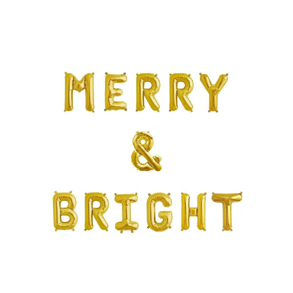 Merry & Bright 16 Inch Letter Balloons Banner Garland - Christmas Holiday Party Decoration - Gold Rose Gold Silver
