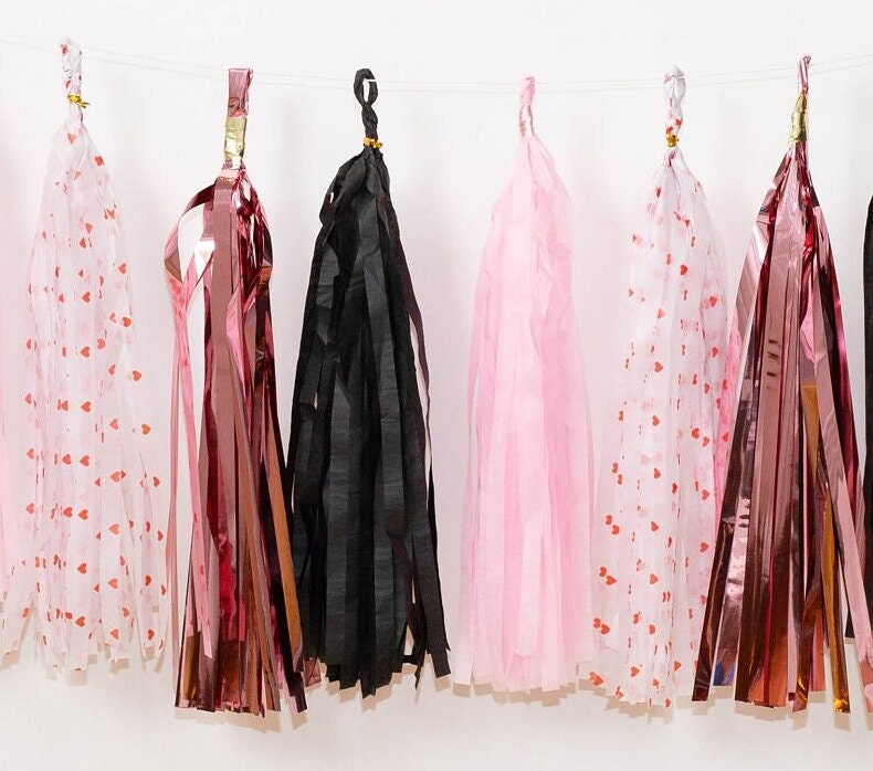 12 pcs Paper Tassels Garland Black Pink Heart Rose Gold DIY Valentine's Day Decor Foil Custom colors