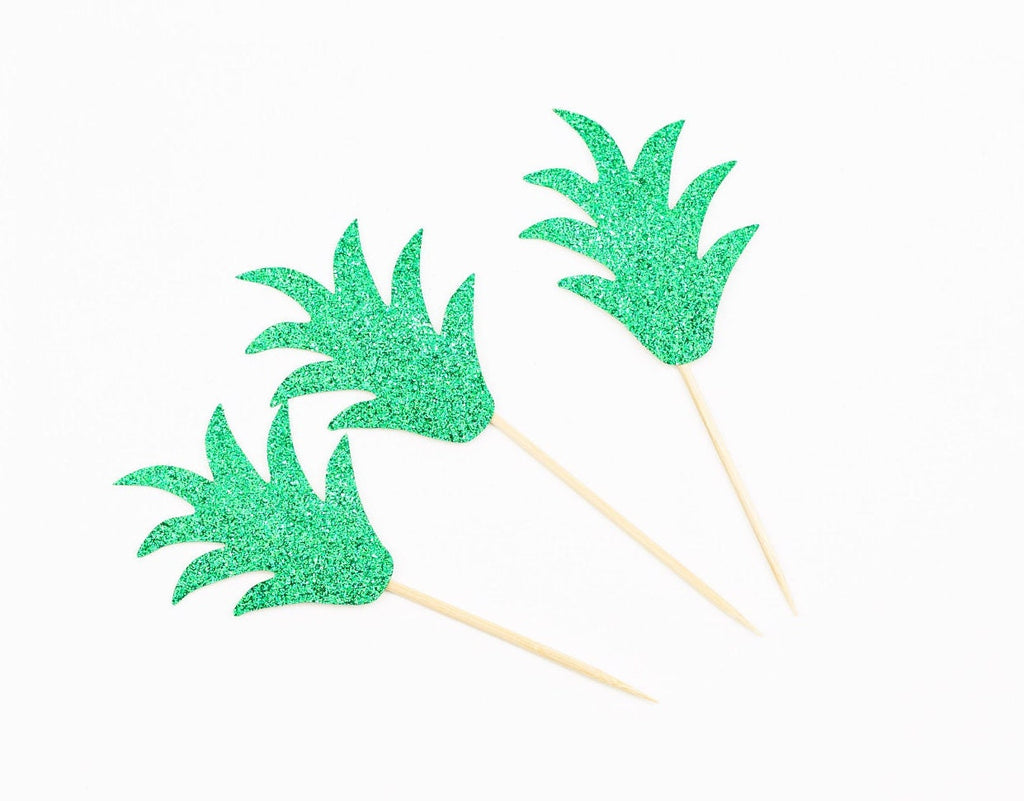 Glitter Pineapple Tail Cake Topper - Gold and Green Tropical Birthday Party Cake Decoration