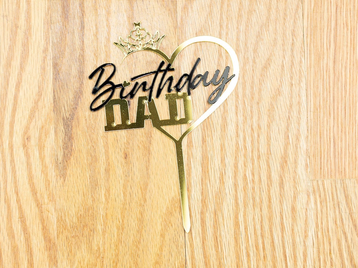 Birthday Dad Cake topper acrylic mirror Gold Black Happy Birthday Father daddy  decorations party fathers day heart hearts