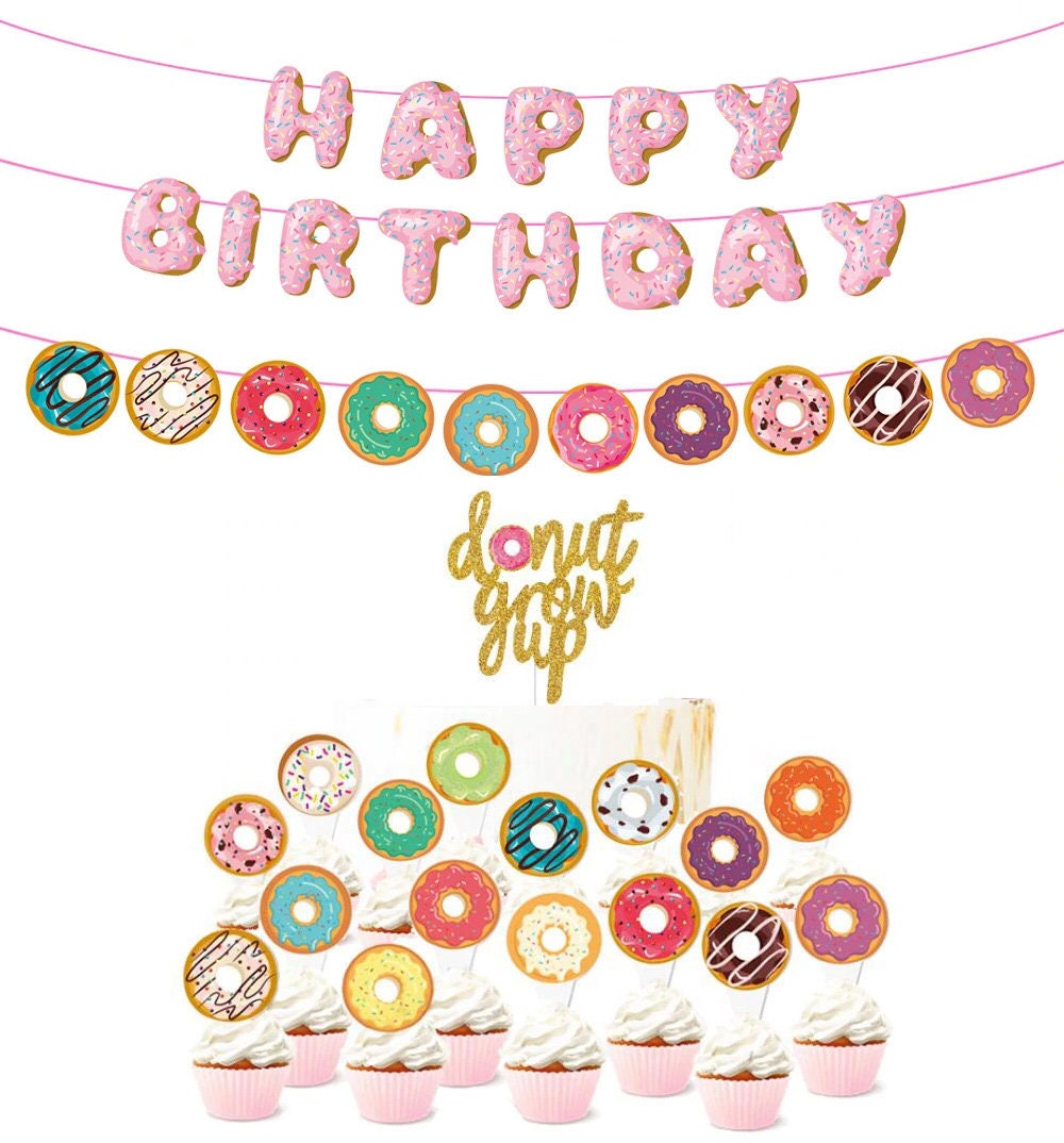Donut Grow Up Decor Set Cake Topper Glitter Happy Birthday Banner First Second Birthday. Birthday CakeTopper. Smash Cup Cake Topper.