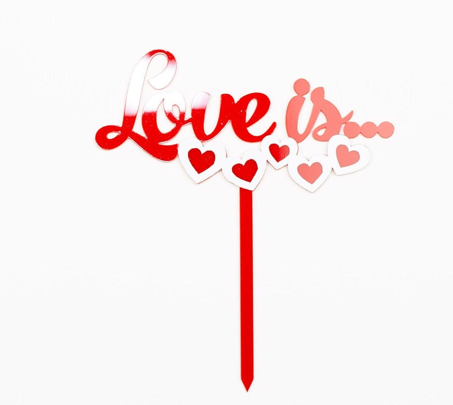 Love is Cake Topper Engagement Bach Rehearsal dinner Cake Topper Bride To be Groom Decorations Mr Mrs Cursive Script Red heart hearts