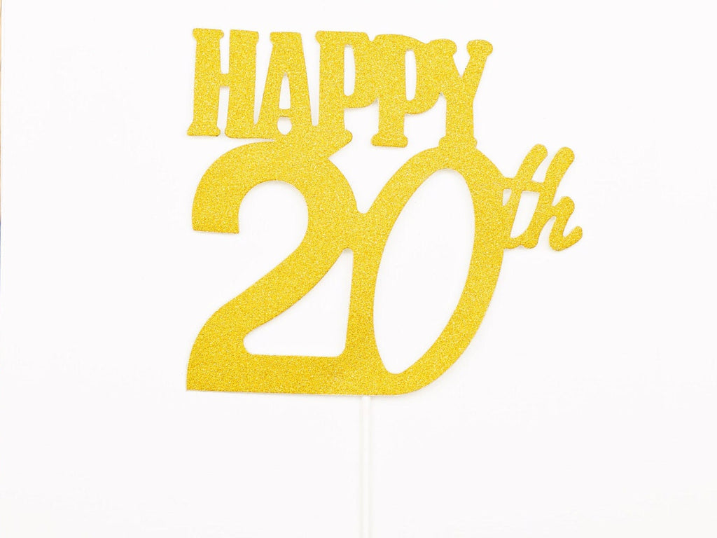 Happy 20th Birthday Cake Topper, Gold Glitter Twentieth Birthday Cake Topper, 20th Birthday Party Decor