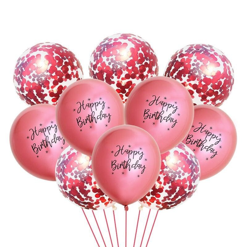 10 Pc Happy Birthday Balloon Bouquet, Confetti Latex Balloons in Red Rose Gold Blue Silver Purple Green, Birthday Party Decor for Him or Her