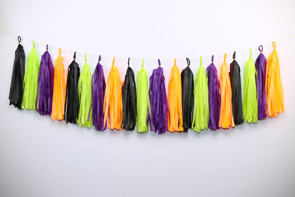 12 pcs Ready to Hang Halloween Tassel Garlands Tissue Paper Treat or Treat Tassels Witch Garland Birthday Neon Shower Party