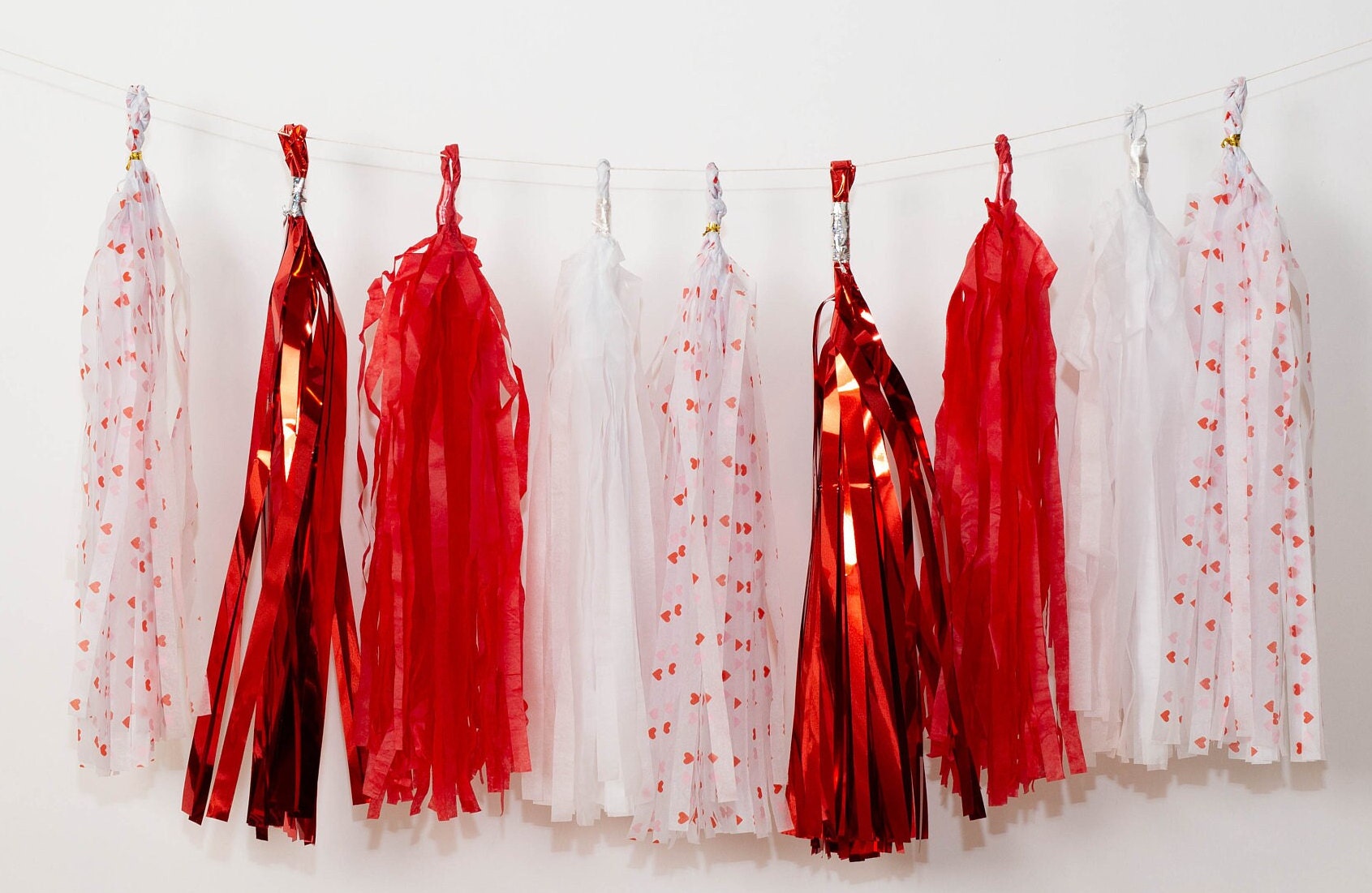 15 pcs  Large Paper Tassels Garland Red White Heart Red Love  DIY Valentine's Day Decor Foil Custom colors Available Ready to hang