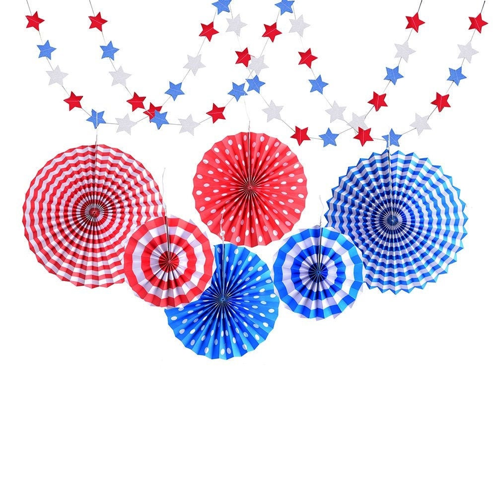 6 paper Fan Welcome Home Patriotic Red White Blue Party Decor Rosette Backdrop Baby Shower Decorations garland Fans polka dot Hanging