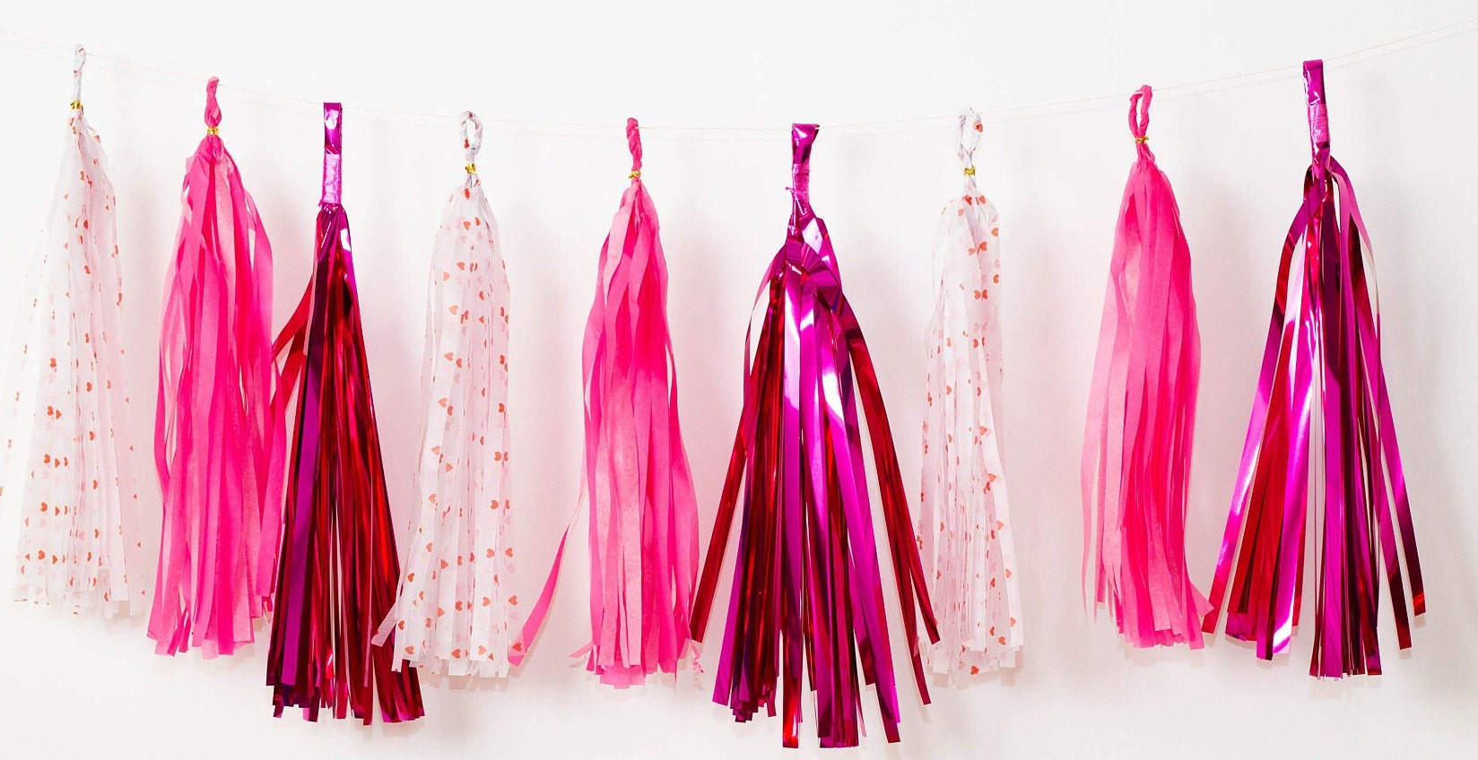 15 pcs Hot Pink Tassel Garland with Hearts, Tissue Paper & Mylar Party Banner, Valentine Birthday Baby Shower Decor