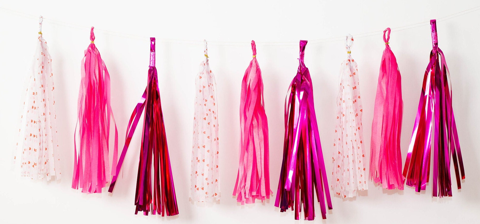 15 pcs Hot Pink Tassel Garland with Hearts, Tissue Paper & Mylar Party Banner, Valentine Birthday Baby Shower Decor