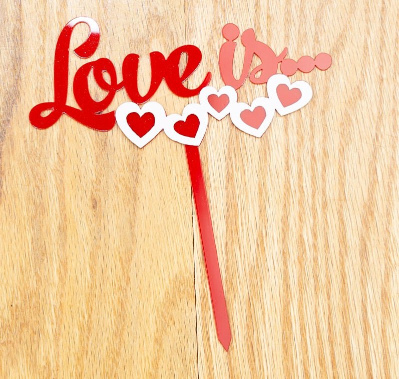 Love is Cake Topper Engagement Bach Rehearsal dinner Cake Topper Bride To be Groom Decorations Mr Mrs Cursive Script Red heart hearts